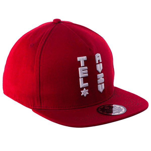 כובע מצחייה, כובע תל אביב, כובע אדום, סנאפבק, רקמה לבנה